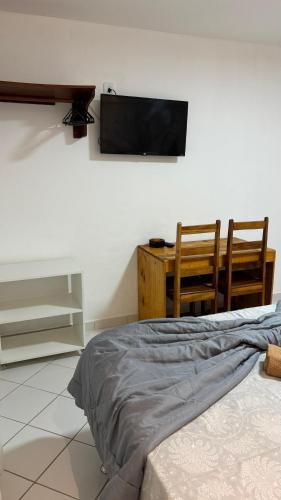 a bedroom with a bed and a desk and a television at Temporada Ilheus na Praia dos Milionarios Kitnet in Ilhéus