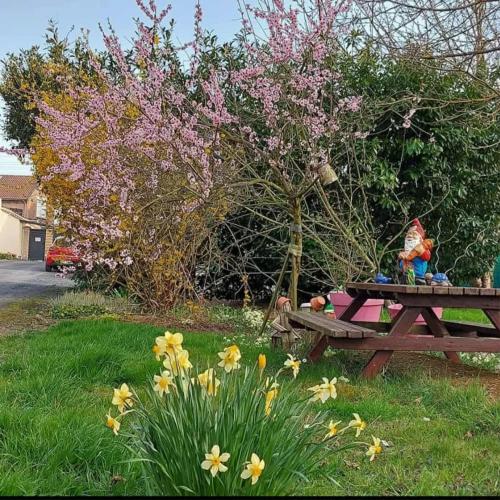 a picnic table with a doll sitting on it next to a tree at Le Chti Paradis in Méricourt