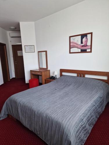 a hotel room with a bed and a red carpet at Motel Citadela 023 in Zrenjanin