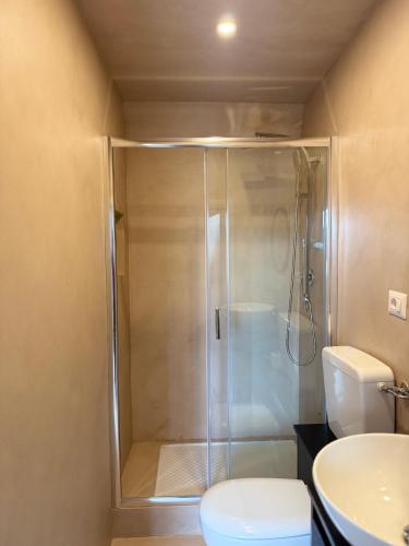 a shower in a bathroom with a toilet and a sink at Bohèmian View Santa Maria Novella in Florence