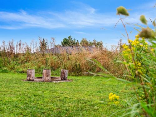 a wooden bench sitting in a field of grass at Holiday Home Thjodulf - 300m from the sea by Interhome in Knebel