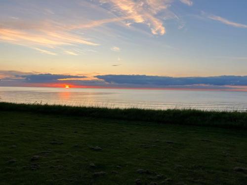 a sunset over a body of water with a grass field at Holiday Home Eyer - 20m from the sea by Interhome in Korsør
