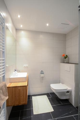 a bathroom with a toilet and a sink at Ferienwohnung Pension Tirol in Bichlbach