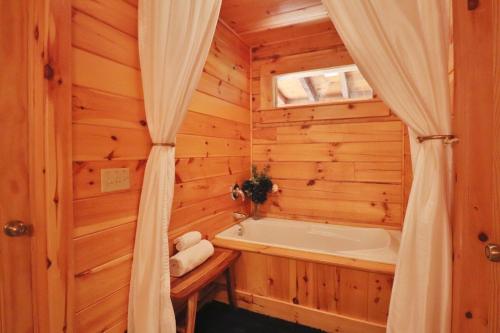 a bathroom with a tub in a wooden cabin at Hot Tub, Fire Pit, Views, Starlink Wi-fi in Waynesville