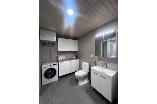 a bathroom with a toilet and a washing machine at Snowflake XI Family rooms in Rovaniemi