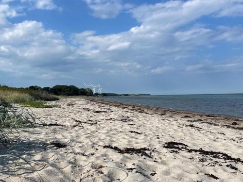 a sandy beach with wind turbines in the distance at Holiday Home Emmalina - 1-3km from the sea by Interhome in Tranekær
