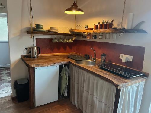a kitchen with a sink and a counter top at Casinha Ninho da Mãe in Rogil