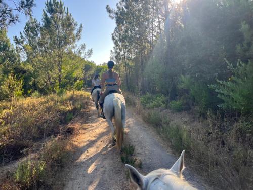 two people riding horses down a dirt road at Casinha Ninho da Mãe in Rogil