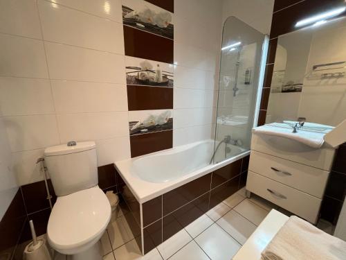 a bathroom with a toilet and a tub and a sink at Logis Hôtel & Restaurant - Le Bretagne in Sillé-le-Guillaume