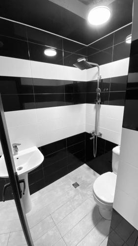 a black and white bathroom with a toilet and sink at mamuhouse 