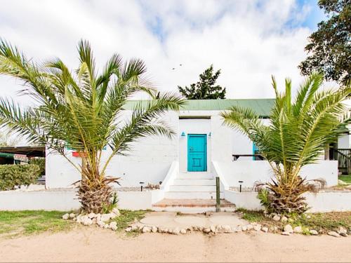 a white house with a blue door and two palm trees at Wiggins Self Catering in Jacobs Bay