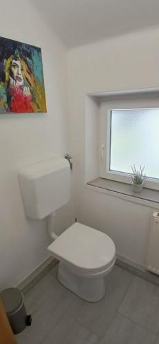 a white bathroom with a toilet and a window at Apartment Zwei Welten in Sachsenburg