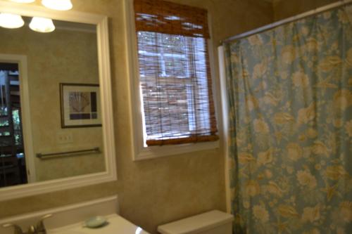 a bathroom with a sink and a shower with a window at Pappia in Duck