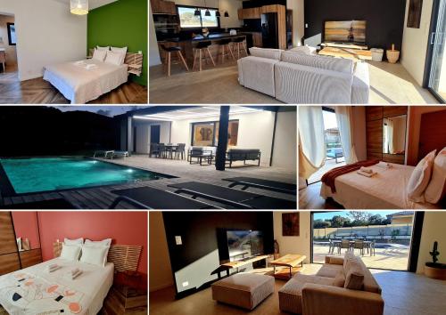 un collage de photos d'une chambre d'hôtel dans l'établissement Élégance Corse : Maison 3 chambres, Piscine, à Figari