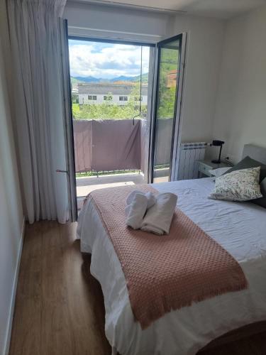 a bedroom with a large bed and a large window at Apartamento Kerr in Azpeitia
