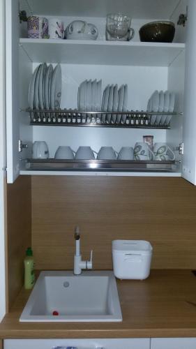 a kitchen with a sink and a shelf with dishes at Ramresort Apartment Palanga in Palanga