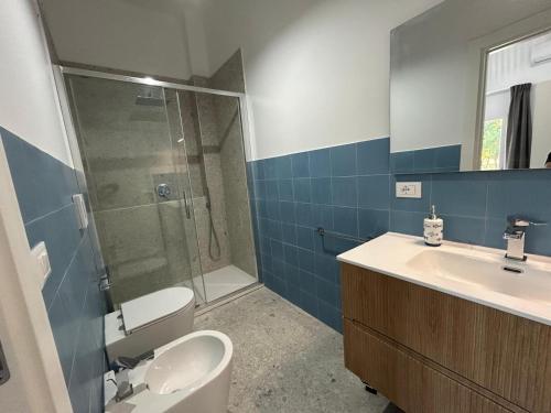 a bathroom with a toilet and a sink and a shower at Villa Gisa in Calalunga-Pietragrande