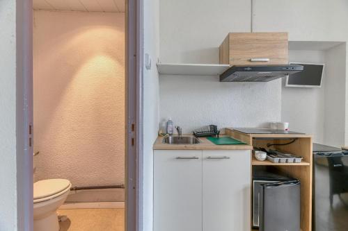a small kitchen with a sink and a toilet at Logis Belledonne in Arvillard