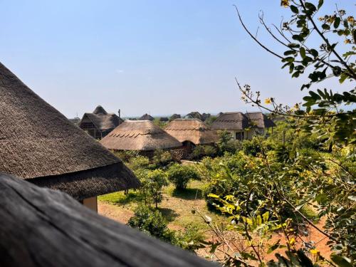 a group of huts with thatched roofs and trees at Tabingi Safari Lodge in Katunguru