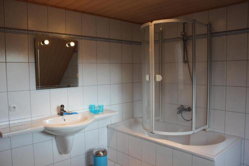 ein Bad mit einem Waschbecken und einer Dusche in der Unterkunft Ferienwohnung Prenzlau in Prenzlau