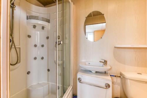 a bathroom with a shower and a toilet and a sink at Logis Belledonne in Arvillard