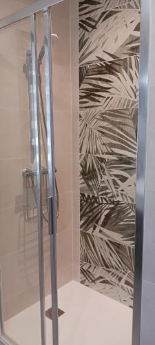 a shower with a glass door in a bathroom at Gites de la Varillère in Cuzion