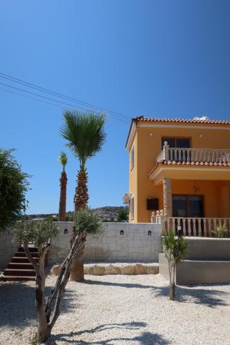 a house with a palm tree in front of it at Stay and Nest Casa Alba Modern Boho Villa with private Pool near to Sea, Paphos in Peyia