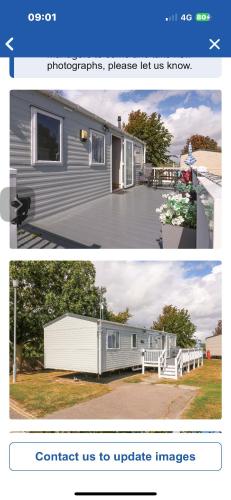 a collage of two pictures of a tiny house at Singh&Leite Family caravan for 10 people with 2toilets and lovely Decking in Jaywick Sands