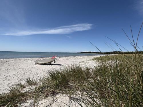 a chair sitting on a beach next to the ocean at Holiday Home Fridborg - 425m from the sea by Interhome in Holmstrup