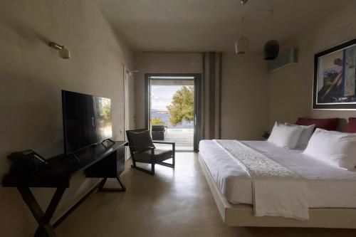 a bedroom with a bed and a desk and a television at Selene in Ligia