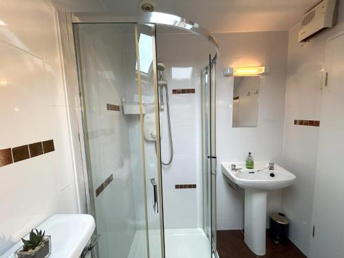 a bathroom with a shower and a sink at 93 Clifden Glen family friendly cottage in Clifden