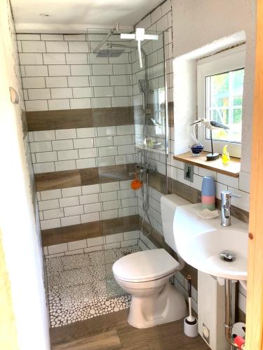 a bathroom with a toilet and a sink at OLD TINY HOUSE Laave Ferienwohnung in Laave