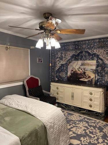a bedroom with a bed and a ceiling fan at Splendid Room in House 10 mins to Airport in Saint Louis