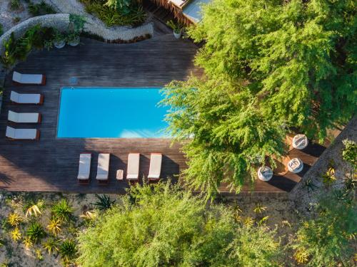 an overhead view of a swimming pool and lounge chairs and trees at Soledade Bangalôs - Kauli Seadi in Macau