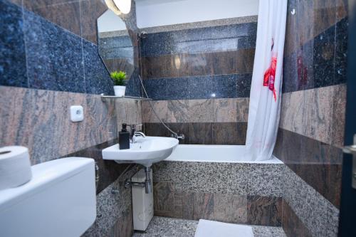 a bathroom with a sink and a bath tub at Apartment Hotel in Nuremberg