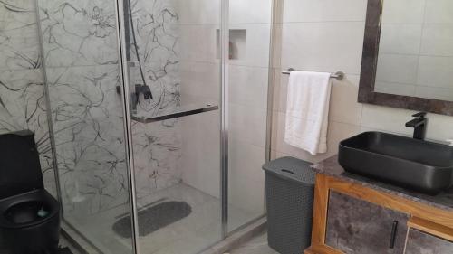a bathroom with a shower and a sink at West Coast Dream in Mauritius