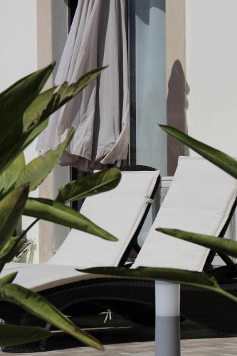 two white chairs and a plant in a room at Casa Elea in Kouklia