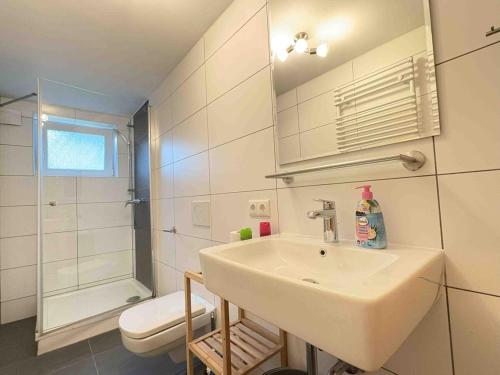 a bathroom with a sink and a shower and a toilet at STB115 praktische Monteurwohnung in Steinberg am See