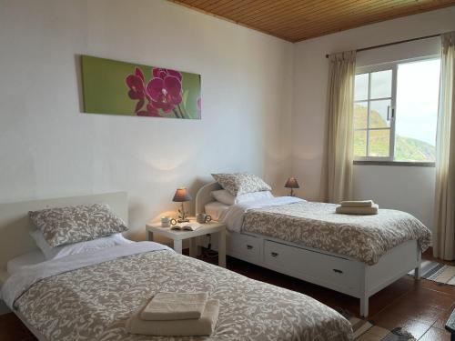 a bedroom with two beds and a window at Casa Vista do Ledo in Arco da Calheta