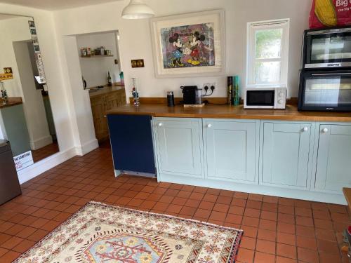 a kitchen with white cabinets and a microwave and a rug at Spacious 6-Bed Countryside Home Surrounded by Nature in Sutton Bridge