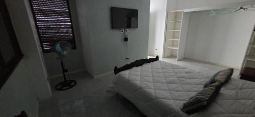 a bedroom with a bed in a room with a fan at Casa en La Florida a metros río in Rosario