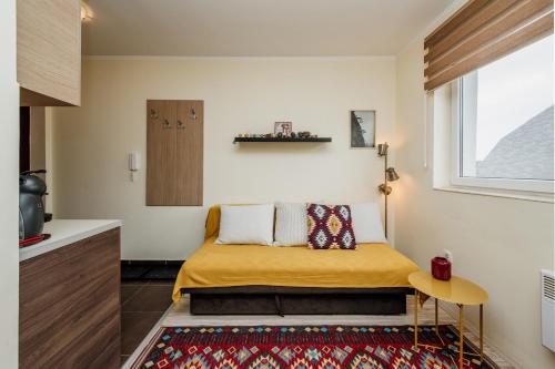 a small bedroom with a bed and a window at Apartman No.32a-JollyKop in Kopaonik