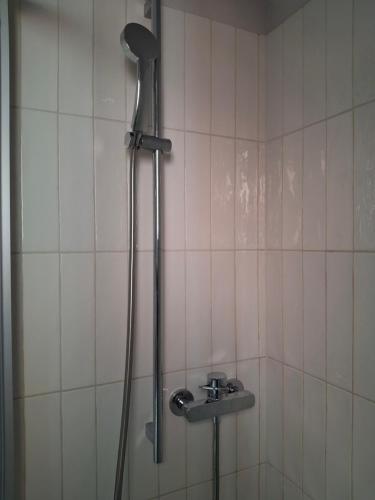 a shower in a tiled bathroom with a shower head at Chambre indépendante à louer avec lit double, WC et salle de bain privatifs in Morges