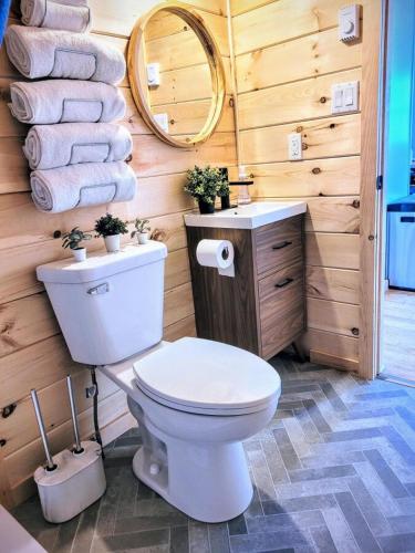 a bathroom with a toilet and a mirror and towels at Beach Cabin 1 in Chéticamp