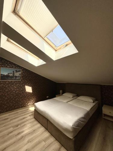 a bedroom with a bed and a skylight at Hotel Plazma in Lviv