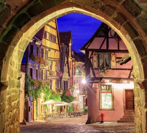 an archway over a street in a town at night at Plaisirs d'Alsace - Munster - Colmar - Route du vin in Munster