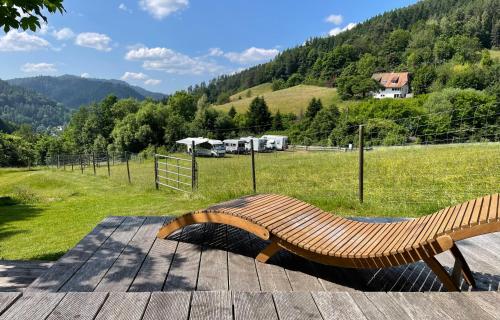 a wooden bench sitting on top of a wooden table at Ferienwohnungen Schwabenhof in Schramberg