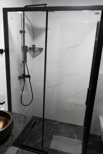 a shower with a glass door in a bathroom at Spa&Hotel Studenac in Trebinje