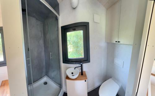 a bathroom with a toilet and a tv on the wall at Maringotka Zdenička in Petrovice u Susice