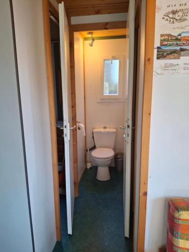 a small bathroom with a toilet and a window at Bungalow en parc natural del Ter 2000 metres in Setcases